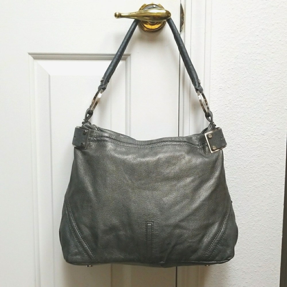 Kenneth Cole LEATHER metallic gray purse bag EUC